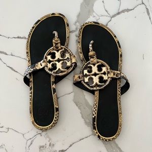 Tory Burch Gold Metal & Stamped Snake Leather Miller Sandals